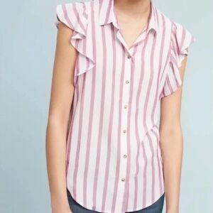 ANTHROPOLOGIE Maeve ‘Fairhope’ Striped Ruffle Sleeve Button Down Top, Size XS